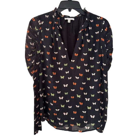 Anna Cate James Top XS Black Butterfly Print Blouse LS Top Lightweight Shirt - Picture 2 of 8